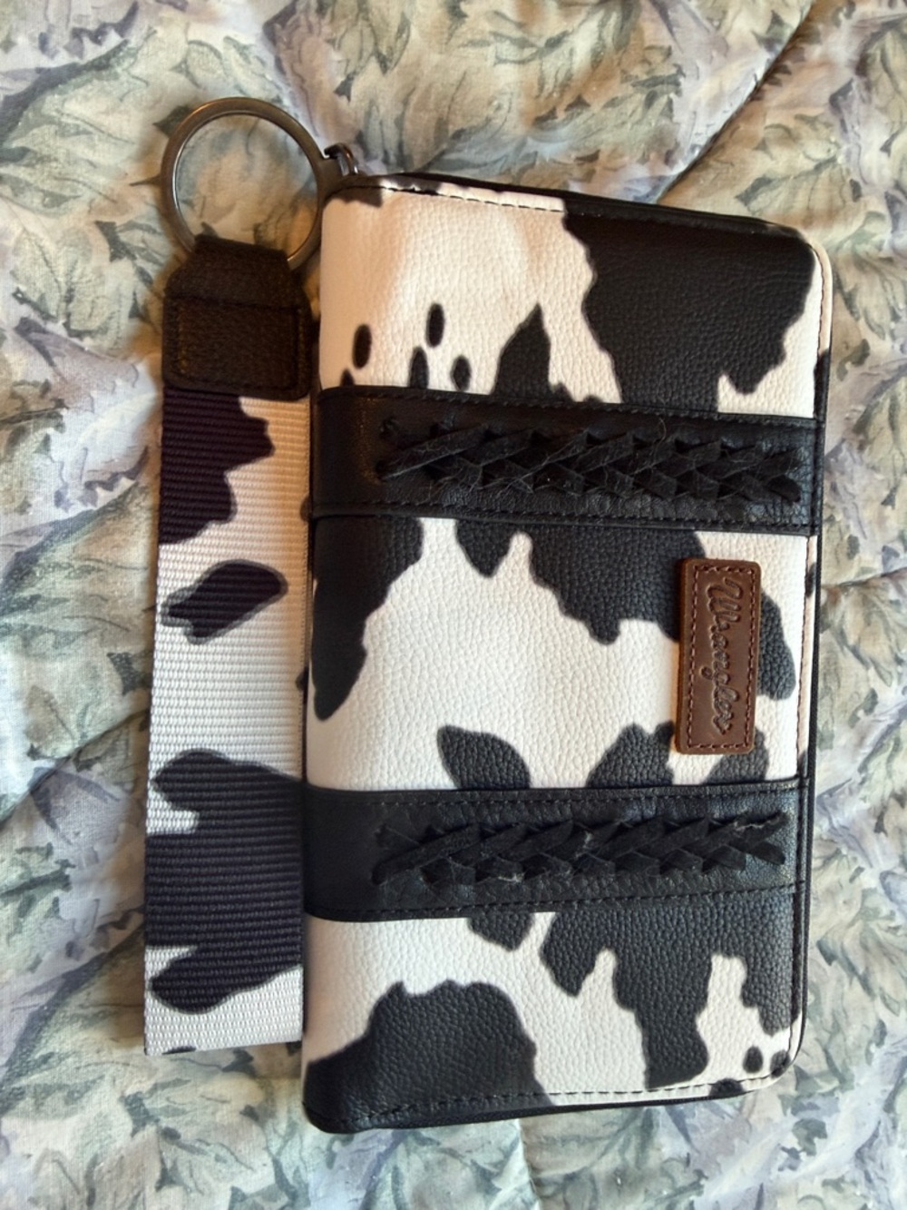 Wrangler Black and White Cowhide-Pattern Wristlet Wallet with Braided Trim